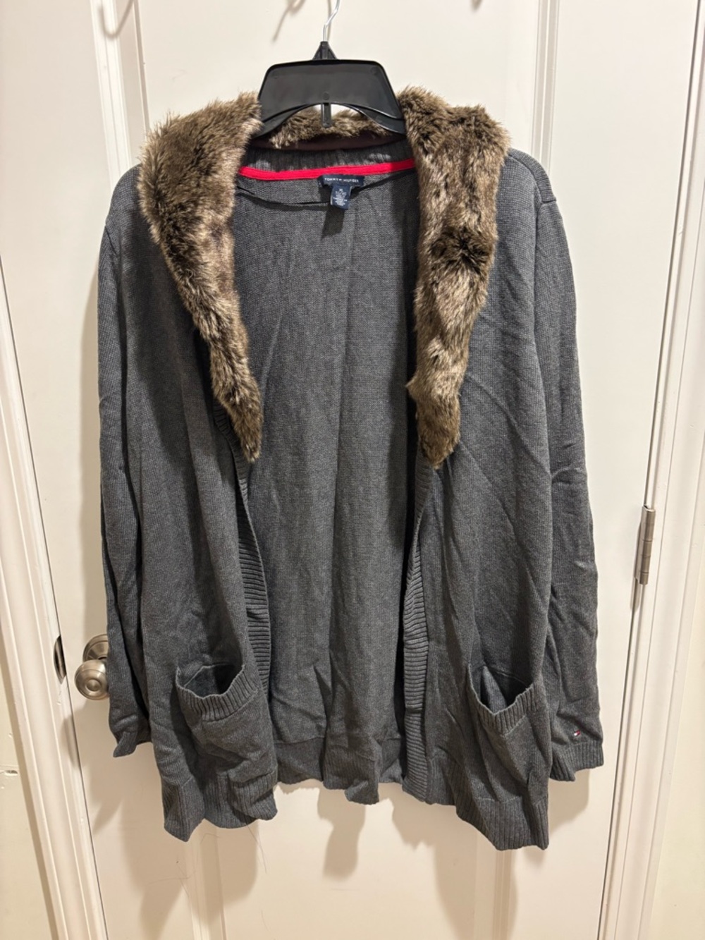 Tommy Hilfiger Gray Knit Open Front Cardigan with Faux Fur Trim